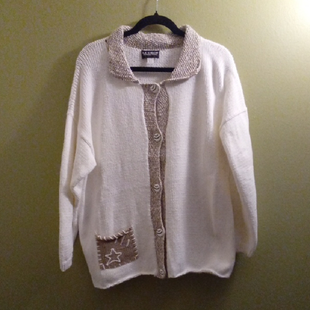 Womans L M. Gibson White& Tan Cardigan  Soft Knit Grannycore Handmade Patchwork